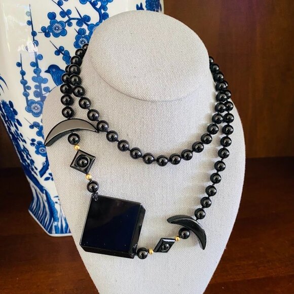 Vintage Obsidian Beaded Statement Necklace with Geometric Black Pendant - Picture 2 of 4
